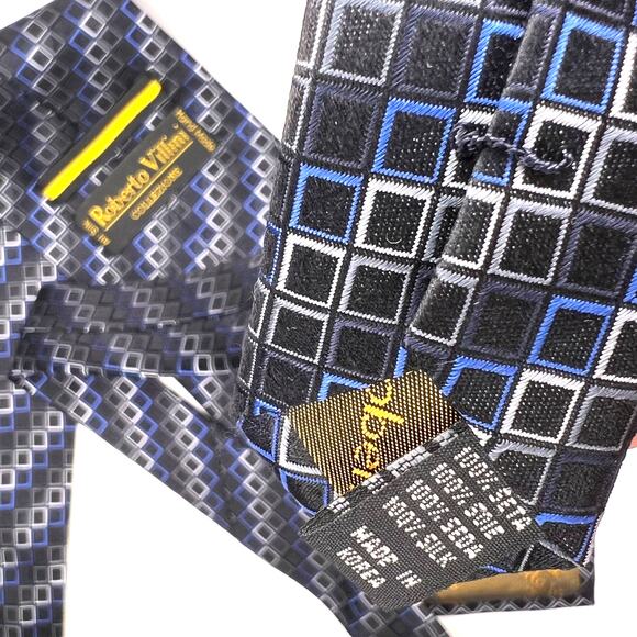 Roberto Villini - Men's Tie -Silk Foulard Geometric Necktie -Black Blue 60" Long - Picture 3 of 5